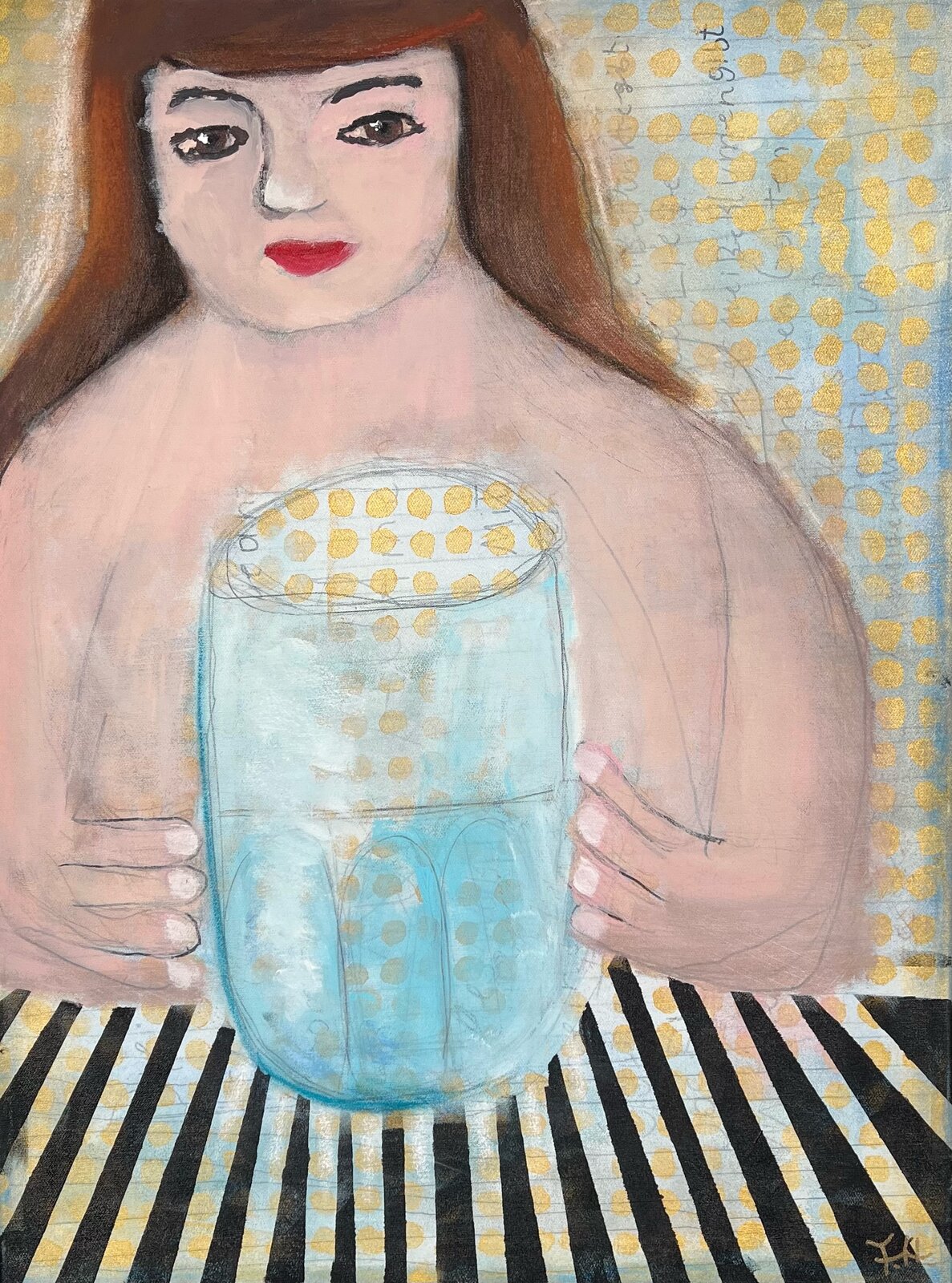 gemaltes Bild von einer Frau vor einem großen Glas Wasser